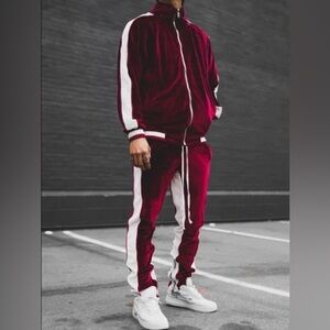 Track suit outfit deep red with white strip zip up top top collar extra large